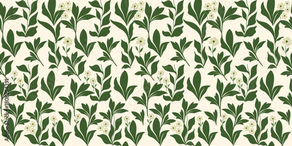 Obraz Seamless pattern of green grass and leaves with flowers as a point. Seamless fabric background.