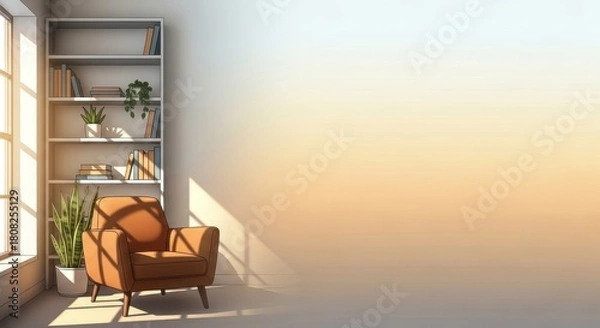 Fototapeta Sunlit reading nook with cozy armchair, bookshelf, plants, and warm inviting light