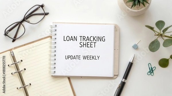 Obraz Loan Tracking Sheet for Financial Management and Weekly Budget Planning with Eyeglasses and Green Plants on Desk