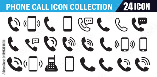 Fototapeta Phone call icon collection set of 24 isolated white background symbols. Modern and classic devices for communication.