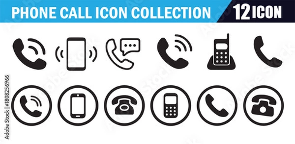 Fototapeta Phone call icon collection set of 12 isolated white background symbols. Essential tools for communication and contact.