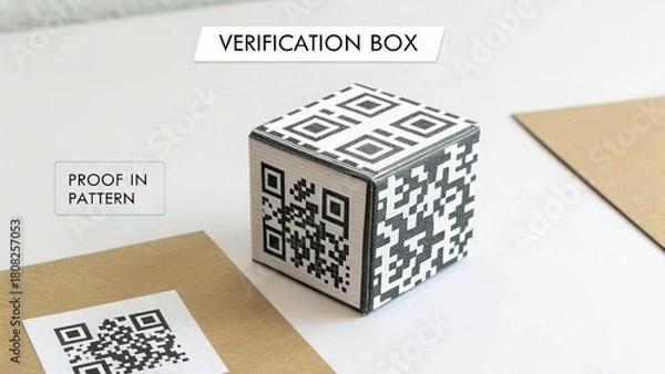 Obraz Modern Verification Box with QR Code Design on a Clean Surface Surrounded by Kraft Paper Items for Digital Authentication