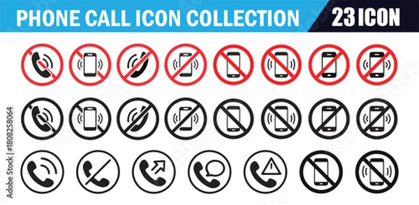 Fototapeta Phone call icon collection includes no call, stop using mobile device, and prohibited communication signs.