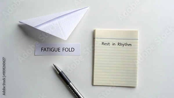 Obraz Paper plane, notepad, and pen featuring fatigue fold and rest in rhythm concept on white background