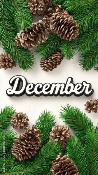 Obraz Vibrant photo of vertical december text with pine branches and cones isolated on white background