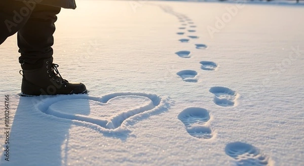 Fototapeta Footprints in the snow leading to a heart shape