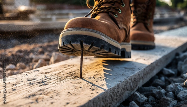 Obraz Construction worker boot stepping on protruding nail demonstrating puncture hazard