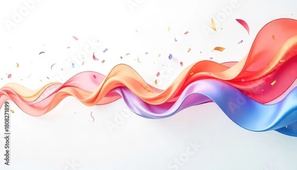 Fototapeta Colorful ribbons flowing with confetti on a white background in a celebratory style design