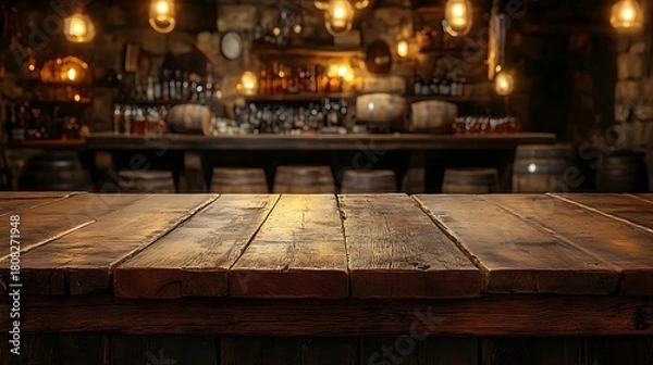 Fototapeta Rustic wooden table in front of a blurred bar with barrels and bottles under warm lighting ambiance