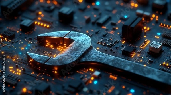 Fototapeta A wrench resting atop a complex computer circuit board with glowing orange and blue lights around it