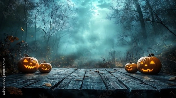 Fototapeta Jack o lanterns on a wooden platform in a foggy forest at night with birds flying above the trees