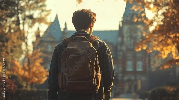 Fototapeta A student with a backpack walking towards a building on a campus during the autumn season light shining through