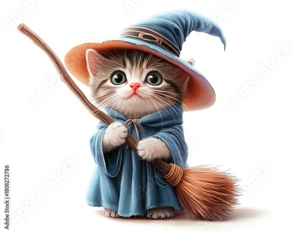 Fototapeta A cute kitten wearing a wizard hat and cloak.
