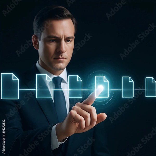 Obraz Man touches digital document icons on a glowing line