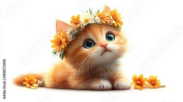 Fototapeta Adorable kitten wearing a flower crown.