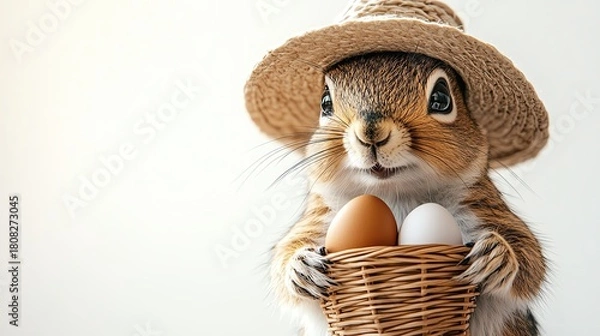 Fototapeta Cute rabbit with eggs in a basket.