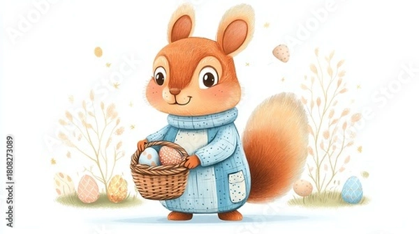 Fototapeta Cute squirrel holding a basket of eggs.