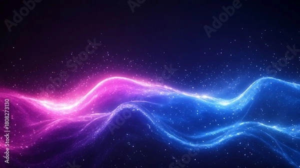Fototapeta Abstract cosmic background with glowing waves of pink and blue energy in a dark space scene