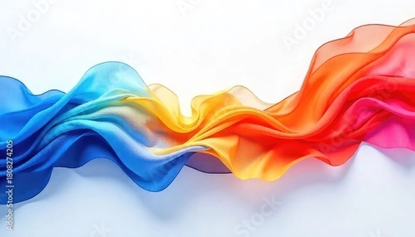 Fototapeta A flowing multicolored fabric transitioning from blue to orange and red on a white background