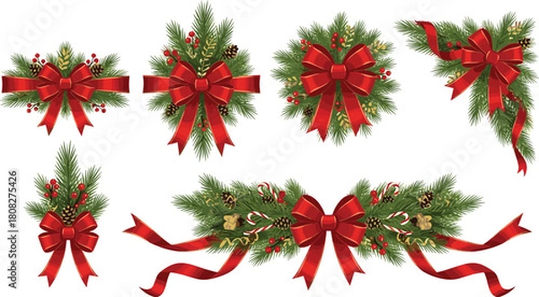 Obraz A festive set of Christmas decorations with elegant red bows, lush pine branches, and holly berries for holiday greetings