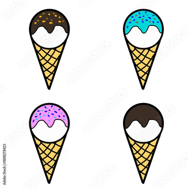 Fototapeta 三角コーンにバニラアイスをのせ チョコソースをかけた可愛いスイーツイラスト_4種セット(ナッツ、イチゴ、ミント、ノーマル)