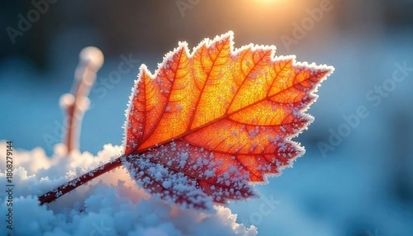 Fototapeta A single red leaf covered in frost lying on a bed of snow in the winter sunlight close up view