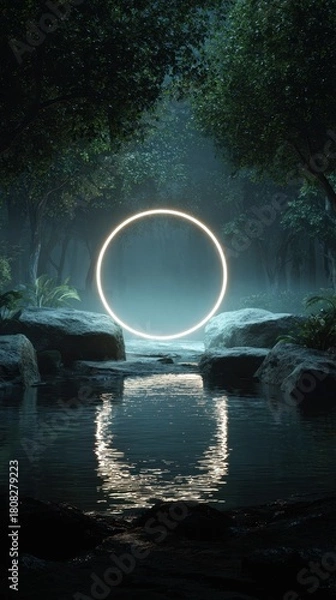 Obraz Vibrant photo of neon circle reflecting in a dark forest lake with lush green plants