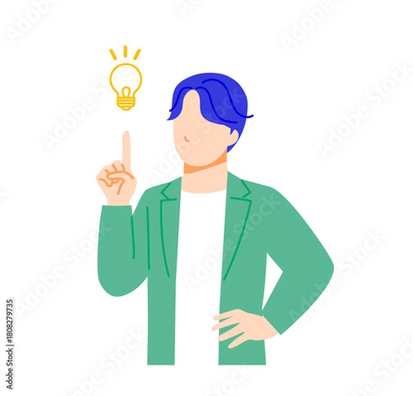 Fototapeta オフィスカジュアルな服装のビジネスマンが解決策を思いつきポジティブなイラスト。フラットデザイン