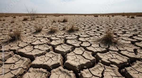 Fototapeta dry cracked earth with dry bushes  noon time view