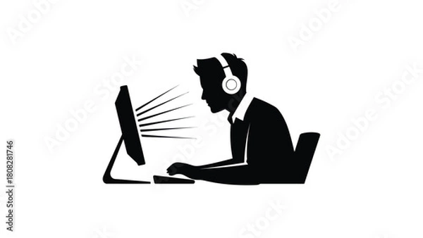 Obraz Print Focused Worker Using PC with Headphones, Remote Job Concept Vector illustration