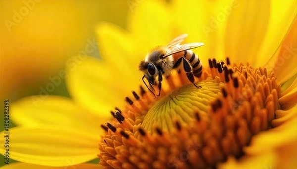 Fototapeta A close up shows a bee perched atop a bright yellow flower with a blurred background and soft lighting