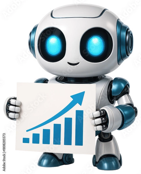 Obraz Small robot with blue eyes holding a white sign with a growth chart android artificial intelligence isolated on a transparent background