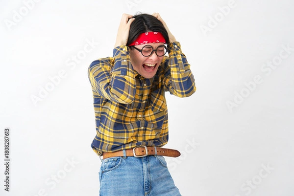 Obraz アキバ系の男性　頭を抱える　白背景