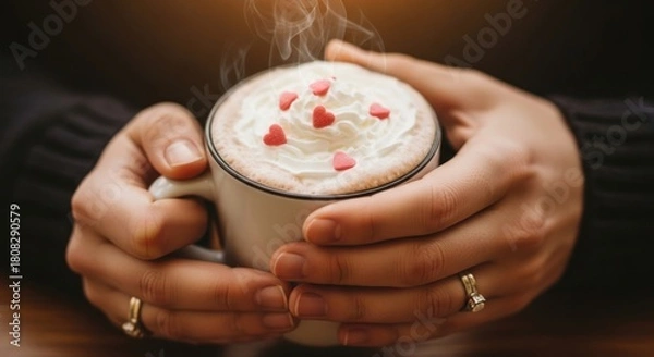 Fototapeta man holding a cup of coffee with soft cream ang hearts on the top 