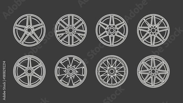 Obraz Set of eight different modern car alloy wheel designs for automotive customization