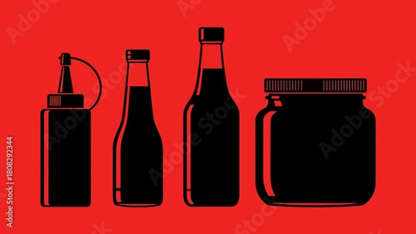 Fototapeta A bold graphic illustration showcasing a collection of culinary sauce and condiment containers in silhouette