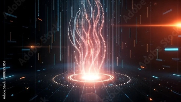 Obraz digital hologram holographic swirling energy vortex with flowing light twisted wave motion in vertical strands upward from a circular sci-fi and fantasy landscape