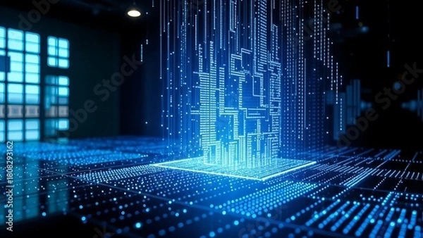Obraz digital data processor floating above a circuit board within a dimly lit room, dynamic data stream flow