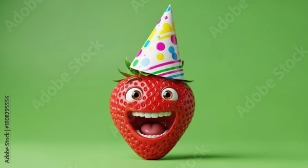 Fototapeta funny Strawberry as a cartoon character wear birthday cap isolated on solid green background