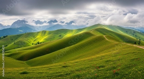 Fototapeta Soft and misty landscape of mountains covered with soft grass 