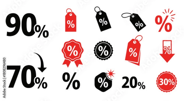 Obraz Discount symbols: This visual asset features diverse discount symbols with various percentages, offering a clear and concise representation of price reductions for promotional marketing materials.