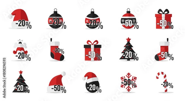 Obraz Christmas Sale Icons: A vibrant collection of Christmas-themed icons showcasing a range of festive decorations and gift boxes, all highlighting promotional discounts for the holiday season.