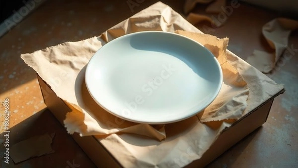 Obraz A solitary, pristine white plate nestled within a cardboard box, gently cushioned by crumpled brown packing paper, bathed in soft sunlight.