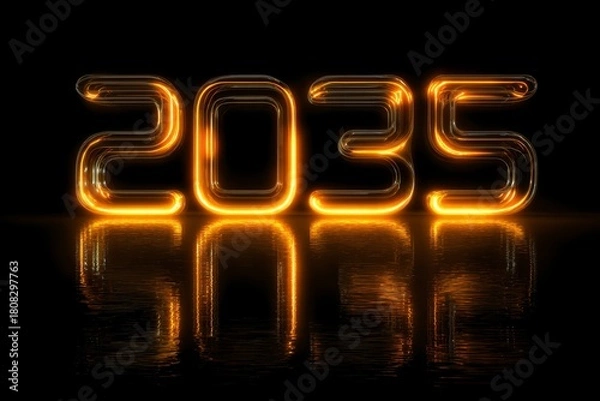 Fototapeta Futuristic Neon Numbers Glowing 2035 with Reflection in Darkness