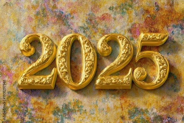 Obraz Golden Number 2025 Against Colorful Artistic Background Design