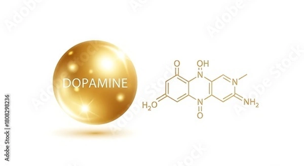 Fototapeta Dopamine molecule structure with golden sphere isolated on white background