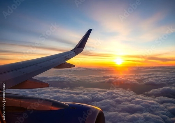 Obraz Airplane wing view at sunset above clouds showing the beauty of flight and travel in the sky above earth