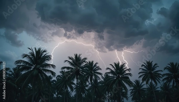Fototapeta A dramatic scene of lightning striking behind palm trees under a stormy and cloudy sky at night time