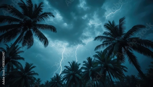 Obraz A dramatic landscape of palm trees against a stormy sky with lightning strikes visible above them