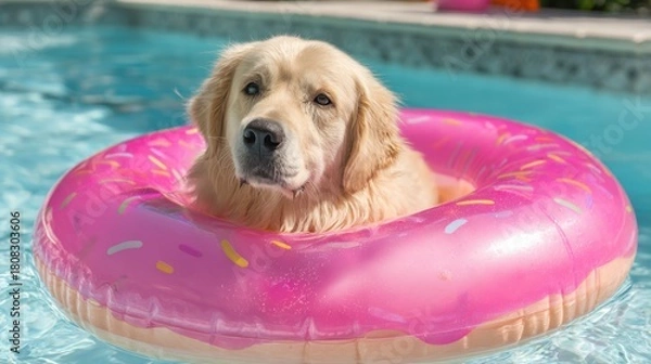 Fototapeta A golden retriever is happily floating in a vibrant pink donut float in a clear pool on a sunny day. The dog looks relaxed and playful while enjoying the water.